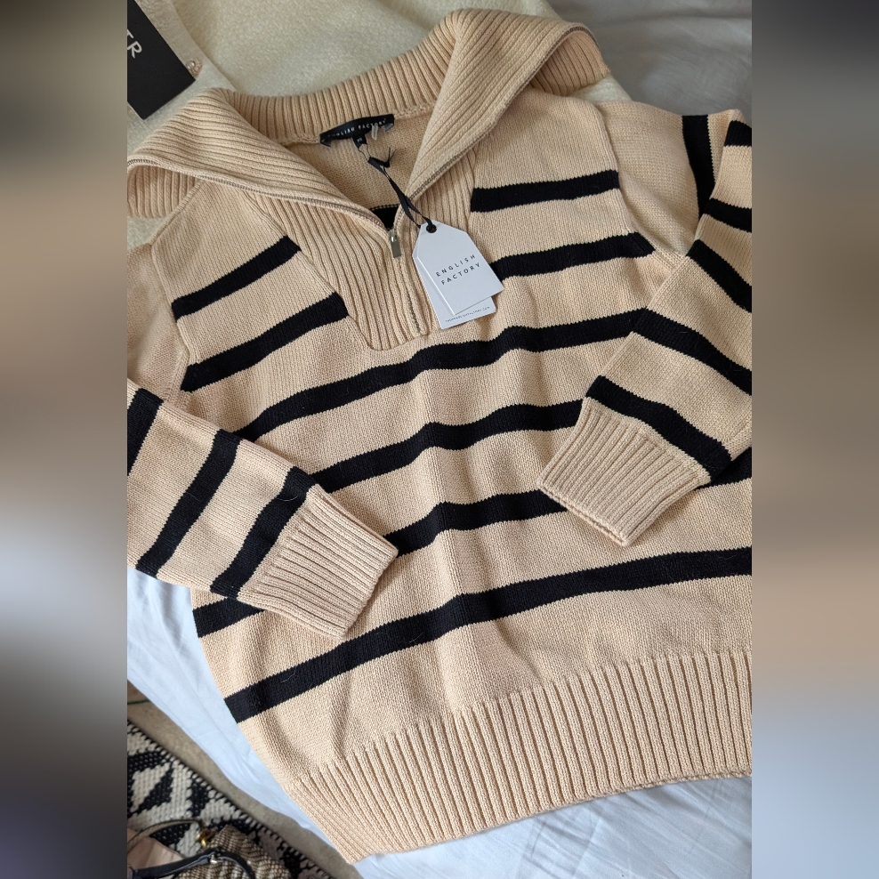 English Factory Beige And Black Striped Half-Zip Pullover